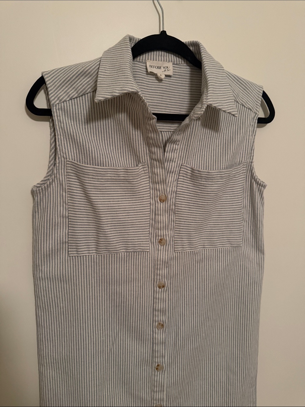 Blue & White Striped Sleeveless Shirt Dress - Picture 5 of 7